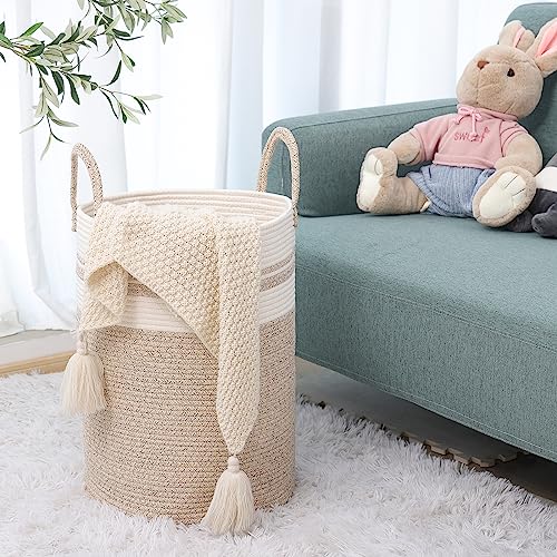 Fixwal 58L Laundry Basket, 15 x 20inches Large Laundry Hamper Tall Cotton Rope Woven Decorative Storage for Living Room, Toys, Towels, Clothes Baby Nursery Bin, Brown/Beige