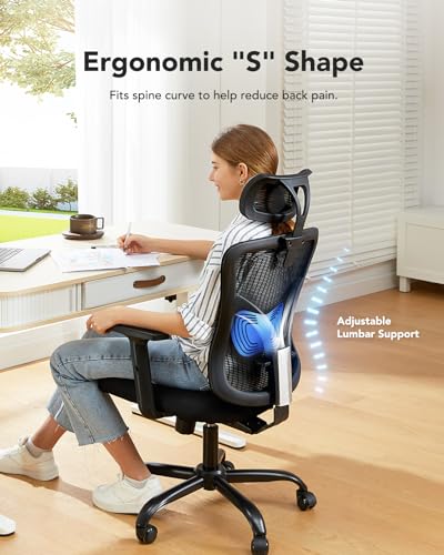 HUANUO Ergonomic Office Chair, High Back Desk Chair with S-Shaped Backrest, Adjustable Lumbar Support, Headrest, Armrest, Mesh Computer Chair with Thicker Seat Cushion and Tilt Function, Black