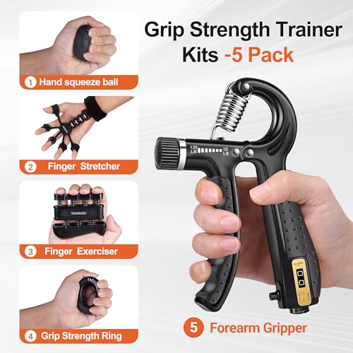 TADAKAZU Grip Strength Trainer Kit (5 Pack) Hand Grip Strengthener, Finger Exerciser,Hand Extension Exerciser, Stress Relief Ball and Forearm Workout Ring for Muscle Building and Injury Recover
