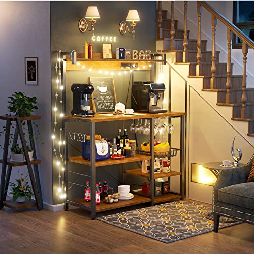 Topfurny Bakers Rack with Power Outlet, Microwave Stand, Kitchen Storage Shelf with Wire Basket, Coffee Bar Station with Wine Glass Holder, Kitchen Rack for Spices, Pots, and Pans, Rustic Brown