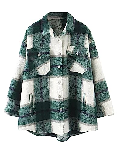 Lviefent Womens Casual Wool Blend Plaid Flannel Shackets Jacket Button Down Shirt Coat (Green, Small)