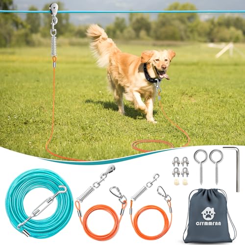 Professional Dog Runner Trolley System，Heavy Duty 30ft Dog Zip Line with 10ft & 15ft Tie Out for Large Dogs Up to 250lbs, Outdoor Dog Run Cable Leash for Backyard, Camping, Park and Outside Adventure