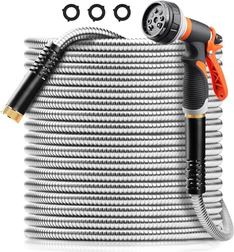 Omont Metal Garden Hose 50FT, Heavy Duty 304 Stainless Steel Water Hoses with Nozzle, Flexible Garden Hose, Lightweight, Rust Proof, No-Kink & Tangle for Yard, Outdoor, RV