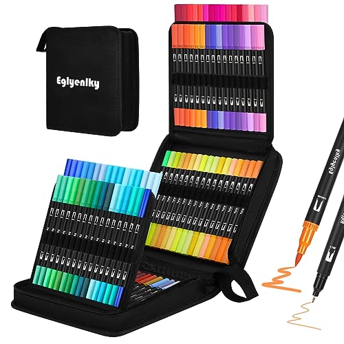 Eglyenlky Dual Brush Pens, Markers Adult Coloring Book,100 Colors Art Pens with Fine Point Markers and Brush Tip for Adult Kids Drawing (Black Set)