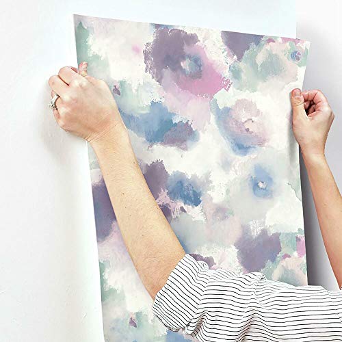 RoomMates RMK11079WP Impressionist Pink and Blue Floral Peel and Stick Wallpaper, 20.5" x 16.6 feet