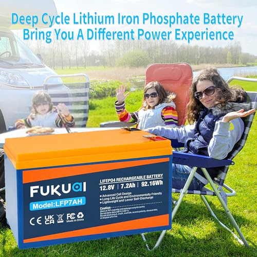 Fukuai 12V 7.2Ah Lithium LiFePO4 Deep Cycle Battery, 2000+ Cycles Rechargeable Battery Built-in BMS,Lithium Iron Phosphate Battery for Solar/Wind Power, UPS,Scooters, Fish Finder,Power Wheels