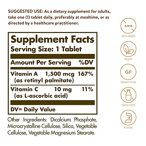 Solgar Dry Vitamin A 1500 mcg (5000 IU), 100 Tablets - Supports Healthy Eyes, Skin & Immune System - Non-GMO, Vegan, Gluten Free, Dairy Free, Kosher - 100 Servings