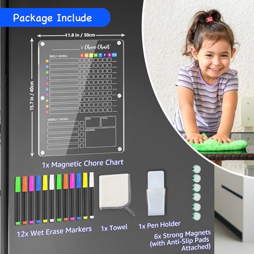 PigPotParty Magnetic Acrylic Chore Chart for Kids, 12"x 16" Responsibility Chore Chart for Fridge, 1Pcs Weekly Dry Erase Board for Kids Teens Adults, Includes 12 Markers/Towel