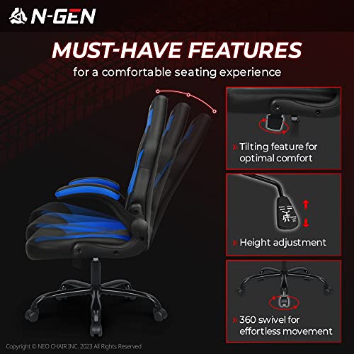 N-GEN Video Gaming Computer Chair Ergonomic Office Chair Desk Chair with Lumbar Support Flip Up Arms Adjustable Height Swivel PU Leather Executive with Wheels for Adults Women Men (White)