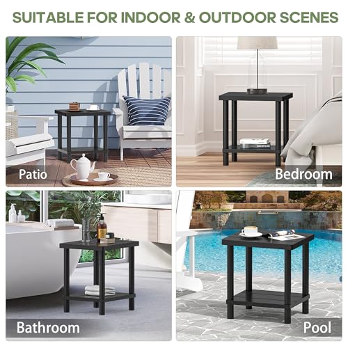 LEJANEOYE Outdoor Side Table, 2-Tier Small Outdoor Table for Patio, Adirondack Side Table for Outside or Indoor, Bamboo End Table for Pool, Porch, Weather Resistant Easy Maintenance