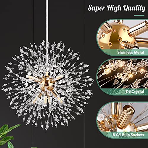 Modern Gold Crystal Chandeliers Firework, 8-Light Dandelion Chandelier, Semi Flush Mount Ceiling Light Fixtures, Stainless Steel Pendant Light for Bedroom Foyer Hallway Entryway Kitchen, G9 Socket