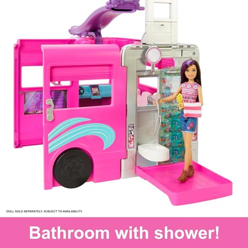 Barbie Camper Playset, DreamCamper Toy Vehicle with 60 Doll-Sized Accessories Including Furniture, Pool & 30-inch Slide