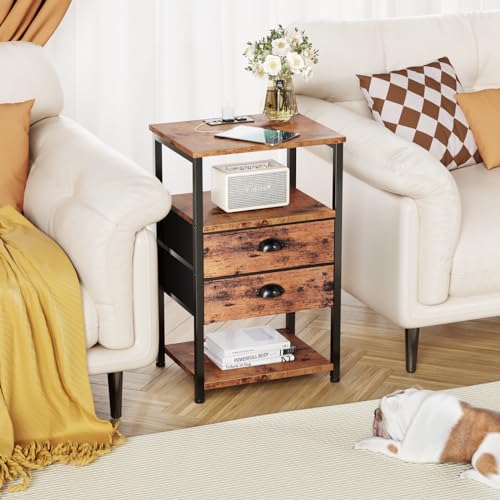 Furologee Nightstand with Charging Station, White Night Stand with LED Lights, 3-Tier Storage End Table with Fabric Drawers, Side Table with USB Ports & Outlets for Lving Room/Bedroom