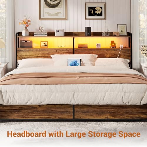 Aheaplus Headboard for Twin Size Bed Frame, Headboards with Outlets, USB Ports and LED Light, Head Board with Storage, Height Adjustable, Sturdy and Stable Headboard, Twin Size, Black Oak