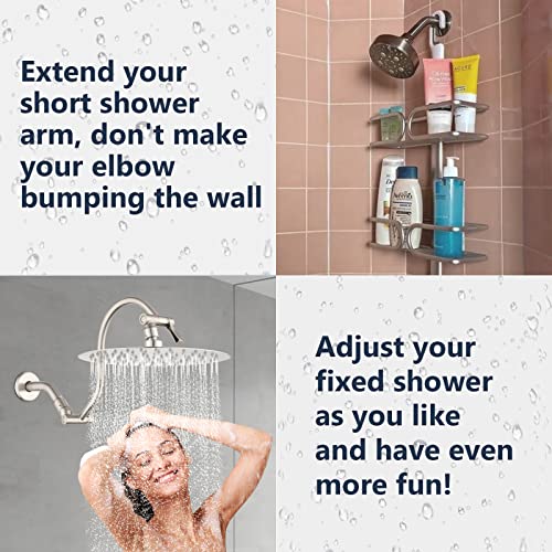 PDPBath 10" Rain Shower Head with 12" Adjustable Height & Distance Extension Arm, 304 Stainless Steel High Pressure Rainfall Showerhead, All Metal Round Showerhead with Extender - Brushed Nickel