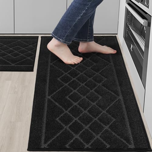 BEQHAUSE Washable Kitchen Rugs Sets of 2 Non Slip Kitchen Mats for Floor Absorbent Soft Kitchen Runner Rug for Kitchen Decor,Bathroom,Sink,Hallway,Door,Laundry,20”x30”+20”x48”,Black