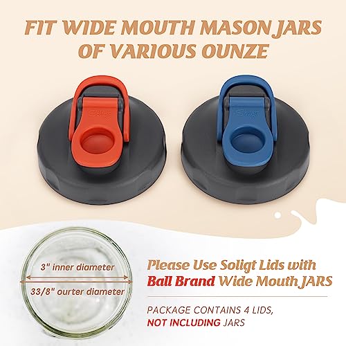 Soligt 4 Pack Mason Jar Lids, Wide Mouth Pour Spout Flip Cap Lids for Ball Brand Mason Jars, Leak Proof Airtight for Drinking Salad Dressing & Food Storing