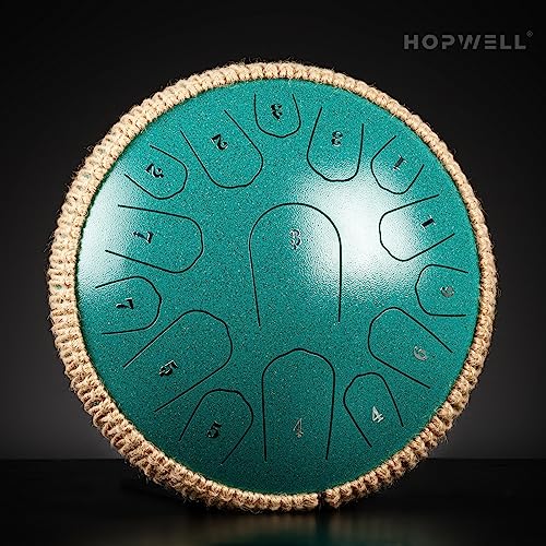 HOPWELL Steel Tongue Drum - 13 Inches 15 Notes Tongue Drum - Hand Pan Drum with Music Book, Handpan Drums Mallets and Carry Bag, D Major (Malachite Green)