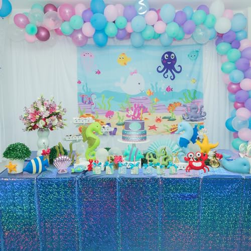 3 Pack Iridescent Blue Plastic Tablecloth, FunnyPars Shiny Disposable Laser Rectangle Table Cover, Holographic Foil Tablecloth Iridescent Party Decorations for Birthday Wedding Ocean Theme, 54x108Inch