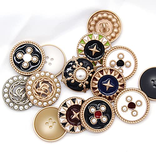 5 PCS Gold Metal Round Pearl Buttons for Clothing Women Coat Garment Buttons for Handmade Sewing Crafts (#10, 15mm)