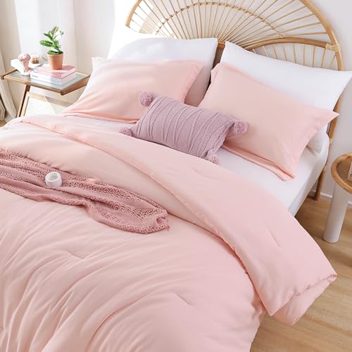 JANZAA Queen Comforter Set with Sheets 7 Piece Comforter Set Queen Bed in a Bag Pink Comforter with Microfiber Bed Pillow Cases Pillow Shams Fitted Flat Sheet Soft Blush Bedding Set All Season