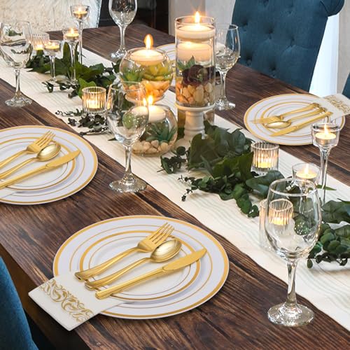 Goodluck 700 Piece Gold Dinnerware Set for 100 Guests, Disposable for Party, Include: 100 Gold Rim Dinner Plates, 100 Dessert Plates, 100 Paper Napkins, 100 Cups, 100 Gold Plastic Silverware Set