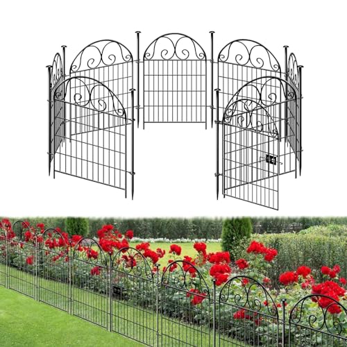 Getlay Tall Garden Animal Barrier Fence With Gate, 32 in(H)×27 in(L) 8 Panels Dog Digging Fence Barrier, Black Heavy Duty Metal Temporary Fence, Reusable Defense Fence For Outdoor Yard. Total 18 Ft(L)