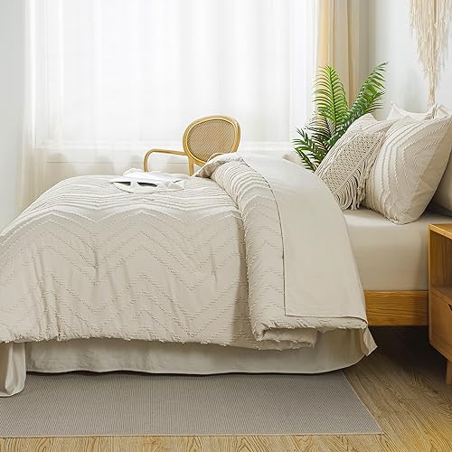 Litanika White Comforter Queen Size Set with Sheets - 7 Pieces Boho Bed in a Bag Chevron Tufted Complete Beddding Sets Lightweight All Season Bed Set with Comforter, Sheets, Pillowcases & Shams