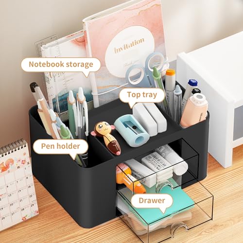 Marbrasse Pen Organizer with 2 Drawer, Multi-Functional Pencil Holder for Desk, Desk Organizers and Accessories with 5 Compartments + Drawer for Office Art Supplies (Beige)