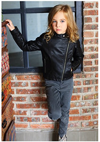LJYH Girls Faux Leather Quilted Motorcycle Jackets Kids Spring Biker Coats Black 3/4yrs