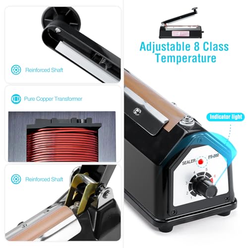 METRONIC 8 inch Bag Sealer, Black Impulse Heat Sealer for Plastic Bags, Poly Bag Sealing Machine with Repair Kit. Clean, Crisp and Fast Sealing Machine