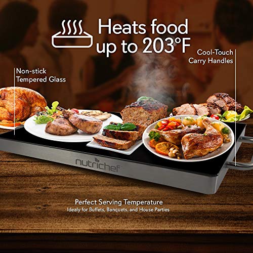 Nutrichef Electric Hot Plate Tray Dish Warmer with Black Glass Top | Ideal for Home, Buffet, Parties, Kitchen & Dinners | Portable & Perfect for Tables or Countertops | 14.5'' L x 8.6'' W