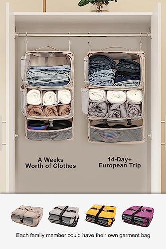 ELEZAY Hanging Packing Cubes Portable Closet 3-Shelf Travel Collapsible Compression Garment Organizer for Carry-on Luggage Suitcase Space Saver Bag X-Large_No Side Pockets, Beige