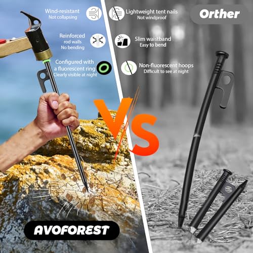 AVOFOREST 12Inch Heavy Duty Tent Stakes,20 PCS Tent Pegs Metal+Fluorescent Silicone Rings+ Storage Bag for Camping (20pcs)