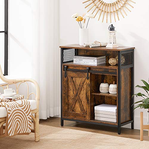 VASAGLE Buffet Cabinet, Sideboard with Open Compartment, Sliding Barn Door, 11.8"D x 27.6"W x 31.5"H, Rustic Brown and Black ULSC089B01