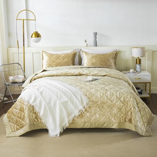 LUCKYBULL Camel Korean Velvet Quilt Set Queen XL Size (90x96 inch), 3 Pieces Luxury Textured Soft Bedspread with 2 Pillowcases, Reversible Coverlet Set for All Season