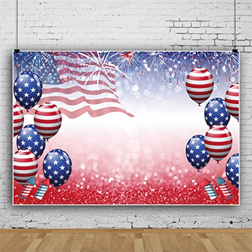 DASHAN 5x3ft Polyester Independence Day Patriotic Backdrop 4th of July Photography American Flag Fireworks Balloons Background for Memorial National Veterans Day Party Cake Table Decor Booth Props