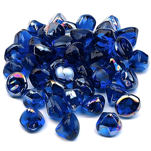 Kinway 20lbs Fire Glass Diamonds 1 Inch Blue Fire Pit Glass Rocks for Fire Pit Fireplace - Cobalt Blue