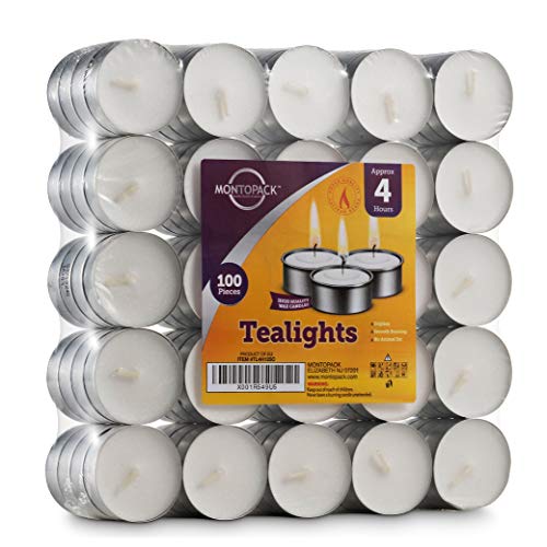 MontoPack Mini Tealight Candles in Bulk | 100 White, Small Votive Smokeless, Dripless & Long Lasting Paraffin Candles | for Home, Pool, Shabbat, Weddings & Emergencies, Unscented