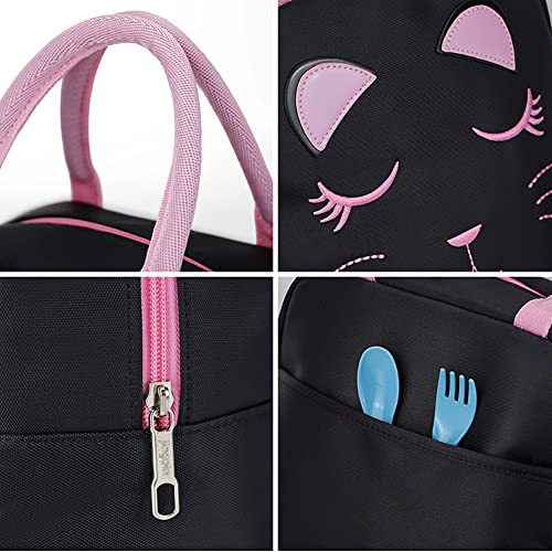 FEWOFJ Portable Insulated Lunch Bag for Kids Girls Cute Reusable Lunch Box for School Picnic Leakproof Lunch Tote Handbag(Black)