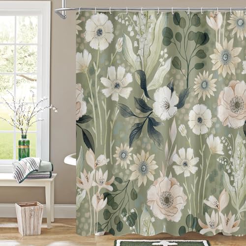 MitoVilla Boho Floral Long Shower Curtain Set 72 x 78, Flower Fabric Shower Curtains 78 inch Long for Chic Rustic Bathroom Decor, Vintage Bathroom Shower Curtain with Tropical Leaves