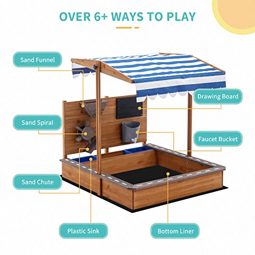 Kids Large Wooden SandBoxes with Roof, Pipleo Outdoor Sand Box Play w/Canopy for Backyard Garden Beach, Sand Pit for Beach Patio Outdoor, [Adjustable Cover & Sand Funnel & Drawing Board] - Brown Oak