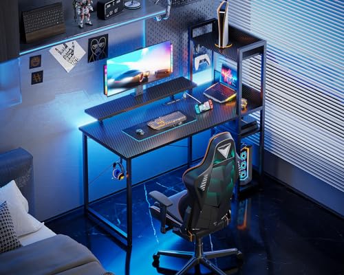 ODK Reversible Gaming Desk with USB Charging Port and LED Lights, 40 Inch Computer Desk with Storage Shelves & Monitor Stand, Study Table for Home Office, Small Space Bedroom, Carbon Fiber Black