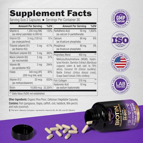 Biotin | Collagen | Keratin - Clinically Tested Supplement - Hair Growth Support - Skin & Nails Complex 25000 mcg - Hyaluronic Acid | B2 | B3 | B6 | B7 - Made in USA - For Women & Men | 60 Capsules