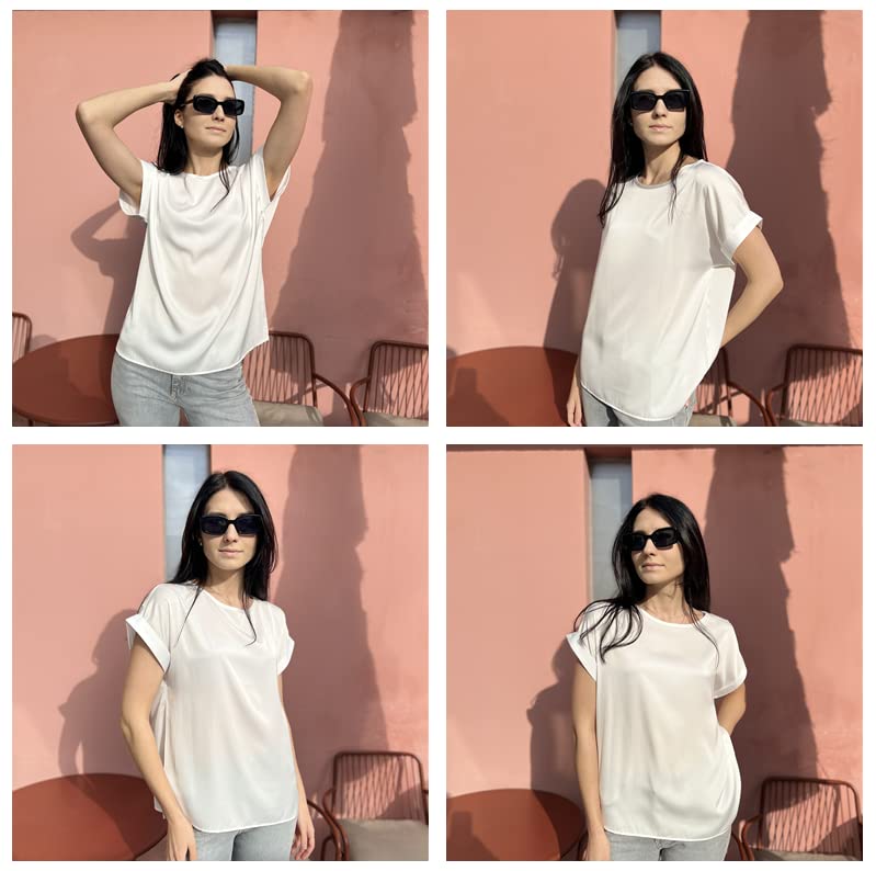 Beyove Women's Elegant T Shirts Round Neck Rolled Short Sleeve Loose Satin Silk Blouse Tops Black S