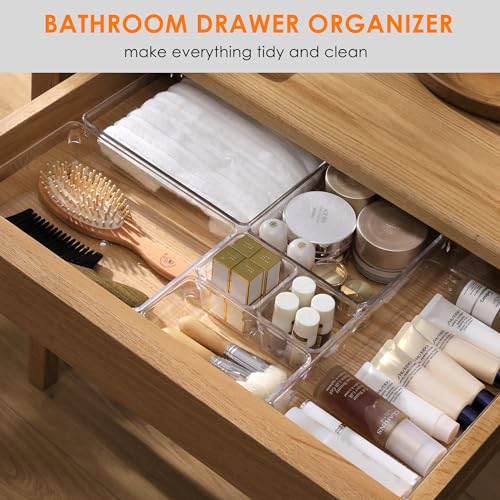 Criusia 26 Pack Large Clear Plastic Drawer Organizer Bins -Heavy Duty Acrylic Kitchen Drawer Organizers and Storage for Utensils -Bathroom Drawer Organizer Trays for Makeup Office Organization