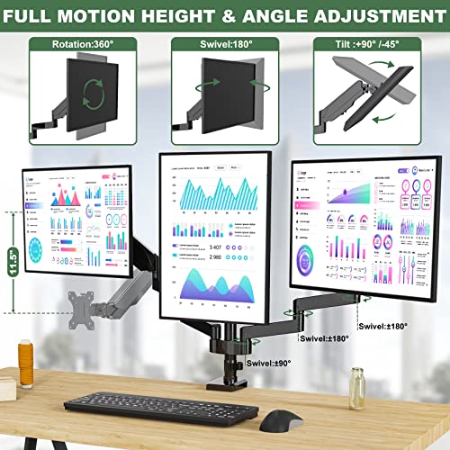 UPGRAVITY Triple Monitor Mount, 3 Monitor Desk Mount for Three Flat/Curved Computer Screens up to 27 inch, Fully Adjustable Gas Spring Triple Monitor Arms Hold up to 17.6lbs, VESA 75x75/100x100mm