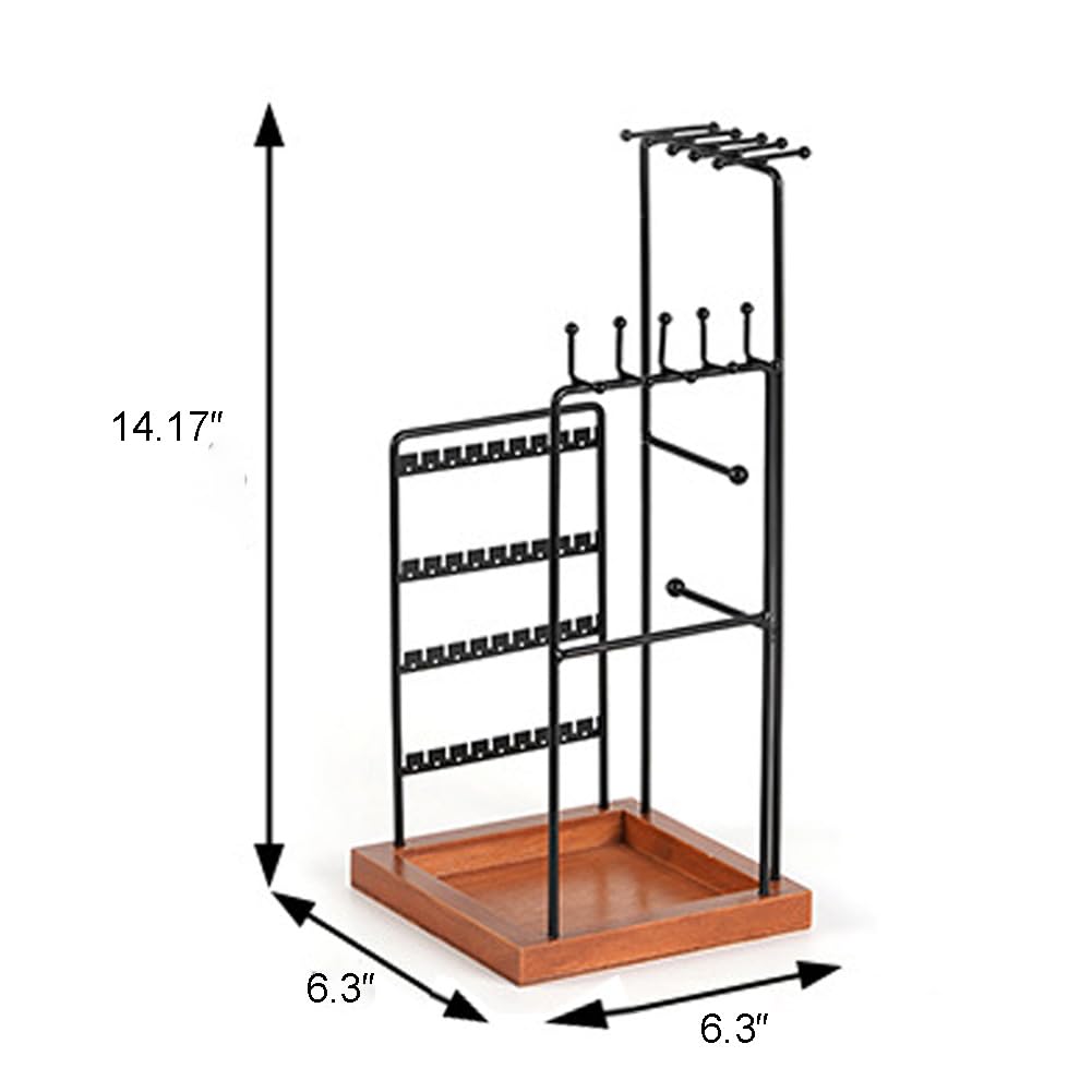 SPAKOWN Jewelry Organizer Stand Jewelry Holder with Wood Base 27 Holes 10 Hooks for Earring Necklace Ring Bracelets Display and Storage