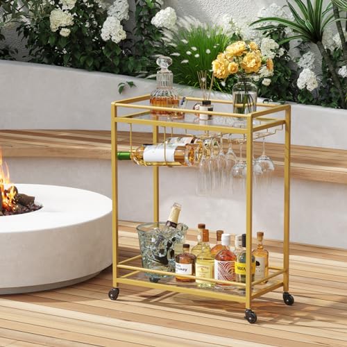 Lifewit Bar Cart, Home Serving Cart with 2 Tier Glass Shelves, Liquor Rolling Cart with Lockable Wheels, Glass Holder and Wine Rack, Beverage Cart for Kitchen Dining Living Room, Gold