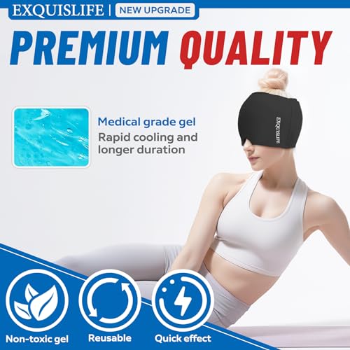 EXQUISLIFE Migraine Ice Head Wrap, Headache Relief Hat for Migraine Cap, Hot and Cold Therapy, Headache Eyes Mask for Sinus, Puffy Eyes, Tension and Stress Relief (Black)